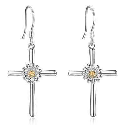 China TRENDY Minimalist Sunflower Earrings Women Jewelry 925 Sterling Silver Daisy Flower Cross Dangle Drop Earrings for sale