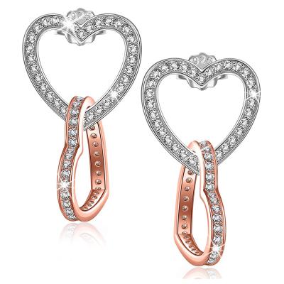 China FASHIONABLE Custom Heart Shape 925 Sterling Silver Rhinestone Heart Circle Stud Earrings Women Girls Gift Jewelry Double for sale