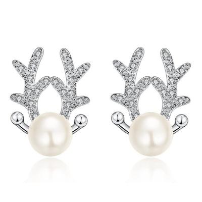 China Christmas TRENDY deer earring jewelry 925 sterling silver freshwater zircon pearl stud earrings for sale