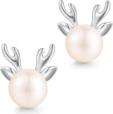 China TRENDY pearl earrings 2021women freshwater jewelry 925 sterling silver christmas deer stud earrings for sale