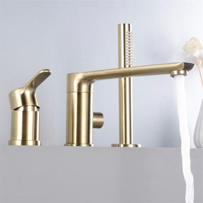 China Barless Copper Brushed Gold Split Bathtub Faucet Hot And Cold Water Faucet Set With Hand Shower for sale