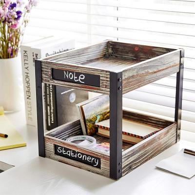 China Sustainable 2 Tier Industrial Style Torched Wooden Desk File Tray, Paper File Holder with Chalkboard Labels for sale