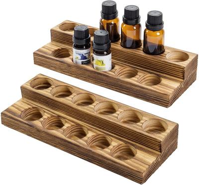 China Retail Stores Set Of 2 11-Bottle Essential Oil Holder Rustic Burnt Wood Aromatherapy Bottle Display Tray for sale