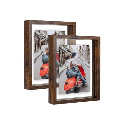 China Trendy Custom Wooden Rustic Picture Frame Glass Double Side Floating Photo Frame For Table Top Hanging for sale