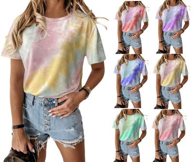 China Factory Direct Sales Regular Explosion Print Tie Dye Round Neck T Shirt Ladies Short Sleeves for sale