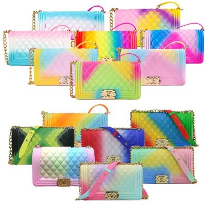 China PU Rainbow Rhombus Jelly Bag Case With Fur Slippers Summer Fashion Handbag for sale