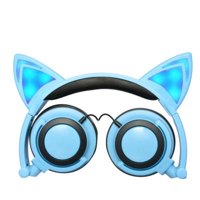 China Good Quality Cute Headband Factory Supply Cat Ears Glowing Cells Battery Directly LED Wired Earphones Foldable Cable Headset for sale