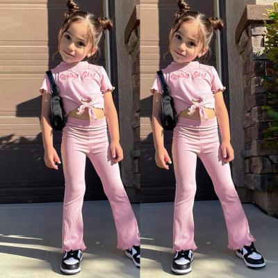 China YS 2022 Casual Solid Color Shorts Sleeve Embroidered Letters Fungus Edge Flare Pants Girls Sets Kid Clothing for sale