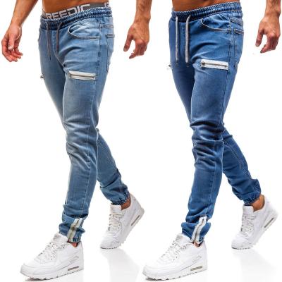 China YS Breathable Custom Stylish Urban White Blue Zipper Stacked Denim Plus Size Jeans Pants For Men for sale