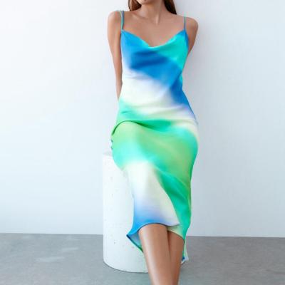 China New Fashion Anti-Static Summer YS Resort Tie Dye Silk Satin Slip Pleated Sexy Club Women Dress for sale