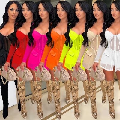 China Anti-Wrinkle YS-X5683 Ready To Ship Transparent Long Sleeve Wrap Chest Women Two Piece Set Women Short Mesh Clothing Sets for sale