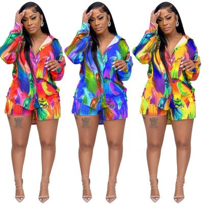 China YS-X5760 Anti-wrinkle style fashion print shirt and shorts sets women long summer hot outfits two-piece set for sale