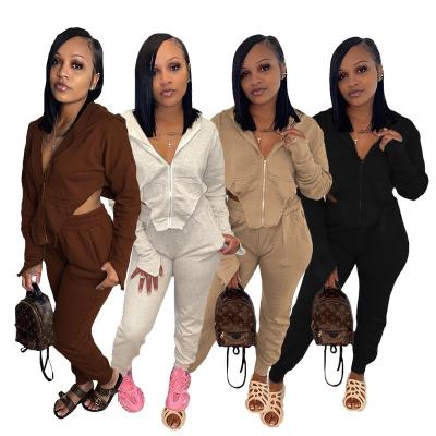 China Fashion YS-MM2136 High Quality Breathable Irregular Zipper Up Casual Solid Sweat Suit Women Sports Long Sleeve Hoodie Sweatsuits Set for sale