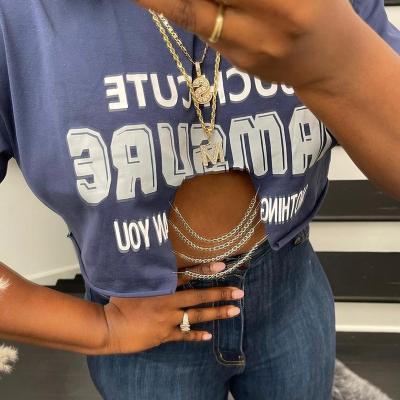 China Anti-pilling YS letter printed fashionable ladies crop tops casual women's blouses and shirts with chain for sale