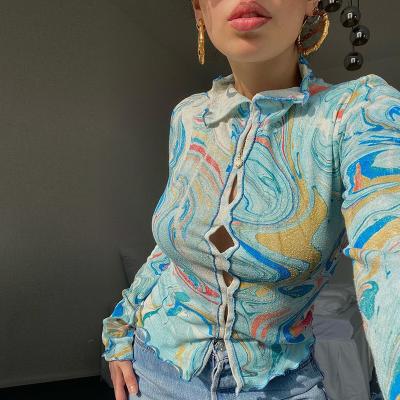 China YS Trendy Fashion Anti-pilling Cotton Casual Blouses Ladies Hollow Out Long Sleeve Print Crop Tops For Women for sale