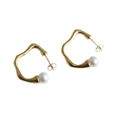 China Trendy Geometric Irregular Gold Plated Circle Earring 18k Stainless Steel Pearl C Pearl Earrings For Women for sale