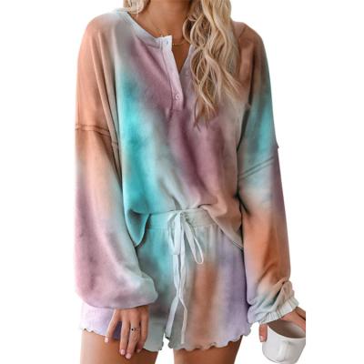 China Breathable Hot Sale Fashion Custom Designs Casual Woman Home Wear Pijamas Tie Dye Two Piece Pajama Set for sale