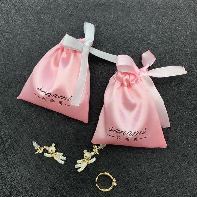 China Recyclable Pink Custom Printed Satin Silk Drawstring Bag With Logo for sale