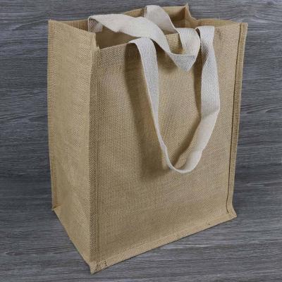 China Custom Logo Handled Promotional Natural Color Laminated Jute Shopping Tote Bags for sale