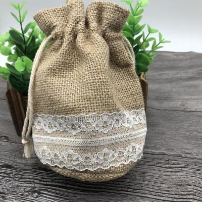 China Recyclable Custom Style Round Bottom Jute Hemp Drawstring Bags With Lace for sale