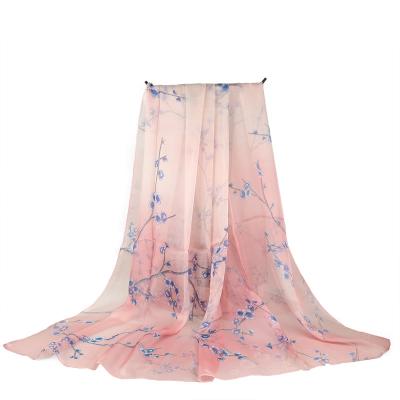 China Hangzhou 100% Pure Silk Print Flower Pattern Chiffon Long Scarf For Women for sale