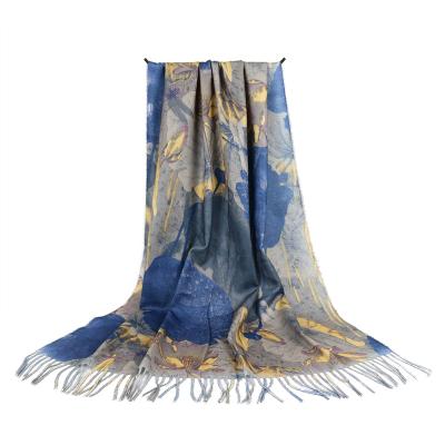 China Printing Patterns Winter Women Single Sided Printed Cashmere Scarf Brushed Shawls for sale