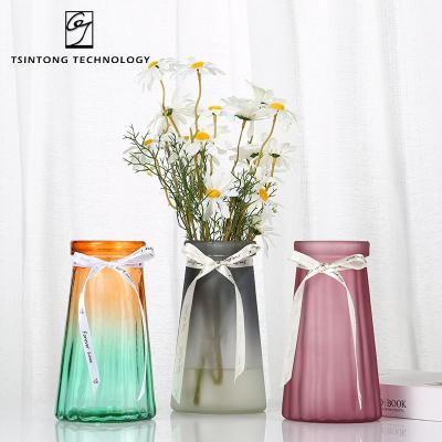 China Wholesale Modern Container Cylinder Gray Frosted Matte Large Flower T-Shape Clear Glass Vase For Living Room Decor Home Dining Table for sale