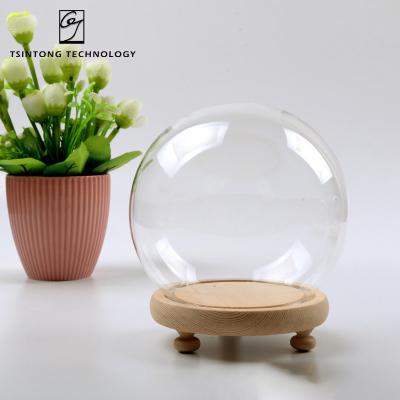 China Wholesale Morden Transparent Tabletop Display Round Cloche Ball Jar Glass Dome Cover With Wood Base for sale