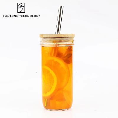 China Luxury Modern Factory Direct Reusable Milk Juice Beer Drink Glass Bottle 720ml 24oz With Bamboo Lid And Stainless Straw for sale