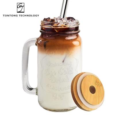 China US Factory 500ml 750ml Style Direct Reusable Wide Mouth Glass Mason Cup Jar with Bamboo Lid, Handle, Straw and Brush for sale