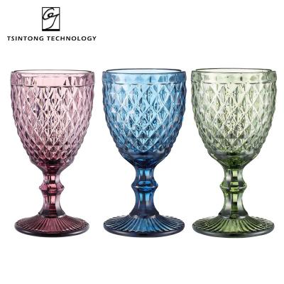 China Wholesale 240ml 8oz European Country Wholesale 240ml 8oz Diamond Embossed Colored Glass Blue Green Gray Wine Champagne Glass Cup for sale