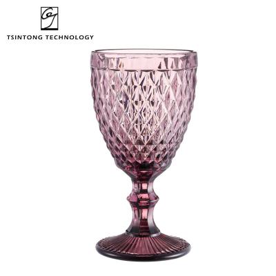 China Wholesale 300ml 10oz European Country Wholesale 300ml 10oz Purple Green Diamond Embossed Colored Glass Blue Gray Wine Champagne Glass Cup Mug for sale