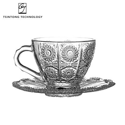 China Sustainable Wholesale 200ml 7oz Sunflower Design Etched Glass Coffee Cup And Saucer Set for sale