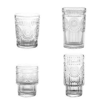 China Retro Luxury Factory Direct Embossed Crystal Clear Transparent Whiskey Coffee Water Glass Mug Cup Tumbler For Bar for sale