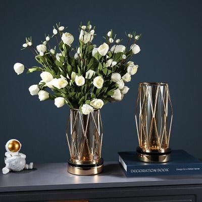 China Gold Metal Frame Geometric Flower Vase Round Iron Stand Vases Hydroponic Flower Decor Contemporary Luxury Glass Home Office Glass Vase for sale