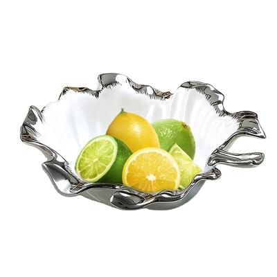 China Viable Nordic Signed Single Dish Silver Rim Leaf Shape Porcelain Dishes Ceramic Plate Fruit Candy And Snack Tray For Home for sale