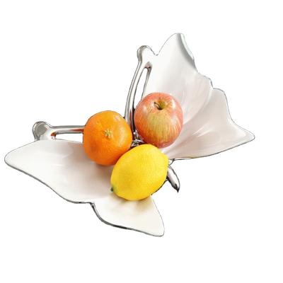 China Sustainable Creative Unique Butterfly Shaped 15 Inch Dishes Ceramic Fruit Dish And Snack Tray Candy White Silver Porcelain for sale