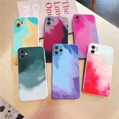 China Luxury Shockproof Watercolor Tempered Glass Cell Phone Cover For iPhone 14 13 12 11 pro Max Marble Glass Phone Case for sale