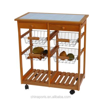 China Double Wooden Wooden Kitchen Cart With Three Metal Wire Brackets / Ceramic Tile On Top With Drawer for sale