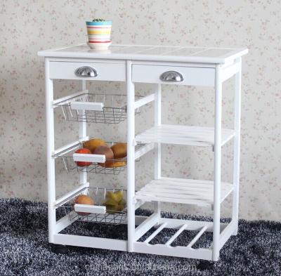 China EU /USA Style Double Wooden Kitchen Cart With Three Metal Wire Brackets / Ceramic Tile On Top With Drawer for sale