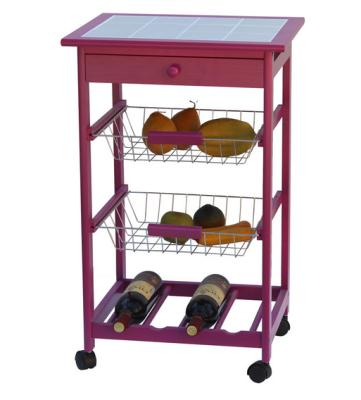 China Good quality and competitive price wooden wooden kitchen cart with three metal wire brackets/ceramic tile on top with drawer for sale