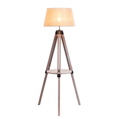 China Modern Vintage Wooden Tripod Floor Lamp With Small Storage Shelf For Living Room Home Bedroom for sale