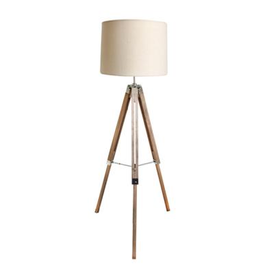 China Brown Modern Wooden Floor Lamp With Beige Linen Fabric Shade In Drum Shape for sale