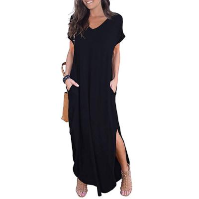 China Anti-Static Women's Casual Loose Pocket Long Dress Short Sleeve Split Maxi Dresses for sale