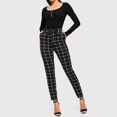 China Breathable Weixin Women Clothing Shein Grid Print Self-tie Belted Pants for sale