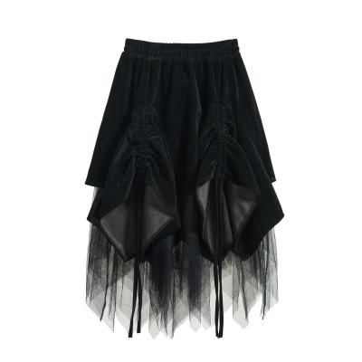 China New Fashion Design High Quality Anti-Static Style Women's Spring Winter Autumn Casual Western Elegant Velvet And Mesh Black Skirts for sale