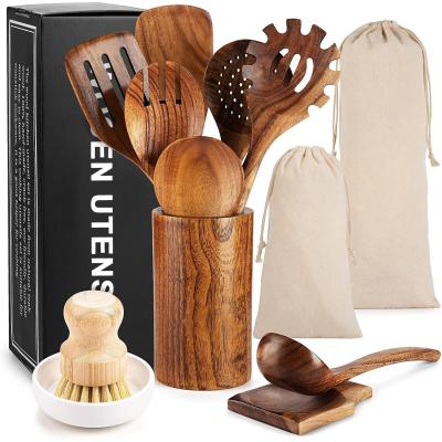 China Viable Wholesale Acacia Wood Cookware OEM Kitchen Tool Cook Utensils Set for sale