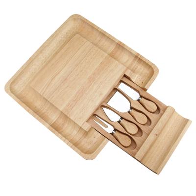 China Sustainable High Quality Cheese Cutlery Set Rubber Wooden Cheese Knives Square Cheese Board Set for sale