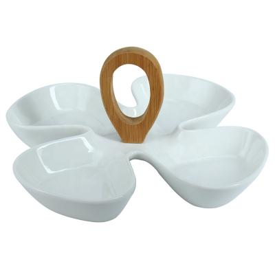 China Viable Handle Bamboo Salad Flower Shape Pan Dessert Snack Fruit Bowl Ceramic Dish for sale