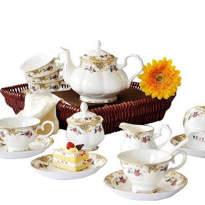 China Unique Stocked Style Luxury Royal Floral Applique Coffee Pot Set Golden Tea Set Porcelain Tea Set for sale